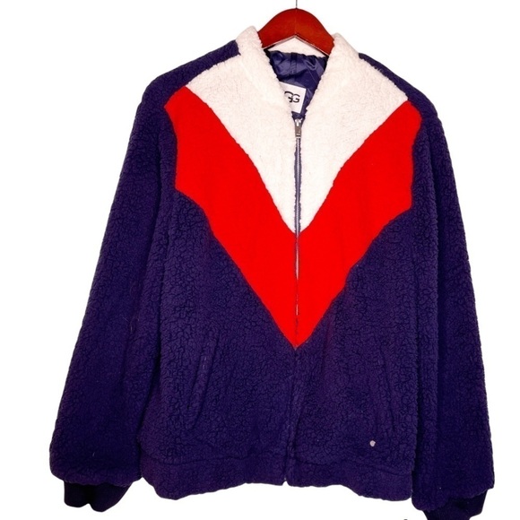 Ugg NWT Annalise Plush Teddy Zip Front Chevron Jacket Size Large in Retro Blue - Picture 2 of 16